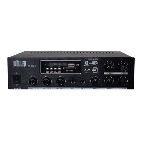 WÖLLER W-2120 2 Bölge Bağımsız KontrolMaximum 100 Watt Çıkış Gücü70-100V ve 4-16 ohm ÇıkışUsb/Sd Kart/ Bluetooth2 Mikrofon GirişiBass/Tiz/Echo Kontrol