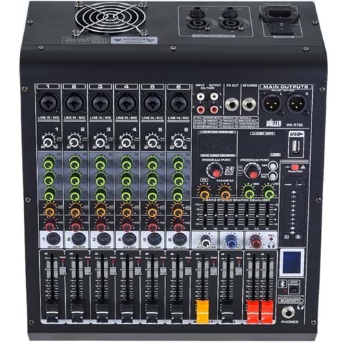 WÖLLER W-6R700 6 Kanal 2X350W Usb-Bt Power Mixer W6-R700 Özellikleri; 6 Kanal Power Mikser6 Mono Giriş / 1 Aux2*350 Watt Max. Çıkış Gücü16 Dsp Effect7 Band EkolayzerHer Kanal için 3’lü TonlamaHer Kanal için +48V PhantomBilgisayar ile Kayit ÖzelliğiB