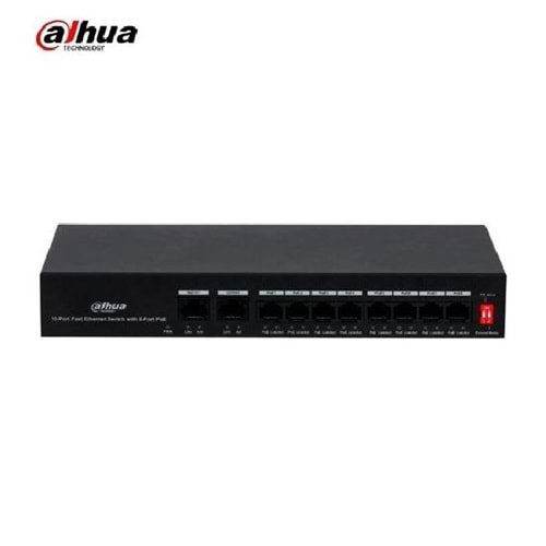 Dahua PFS3010-8ET-65 8 Kanal Poe' li Network Switch 8 Port PoE Switch, (8FE PoE + 2FE, Toplam 65W PoE), 8x 10/100Mbps PoE port, 2x 10/100 Mbps port, Anahtarlama Kapasitesi: 2.0Gbps, Paket İletme Hızı: 1.49Mbps, Mac Tablosu Boyutu: 2K, Çalışma Sıcaklı