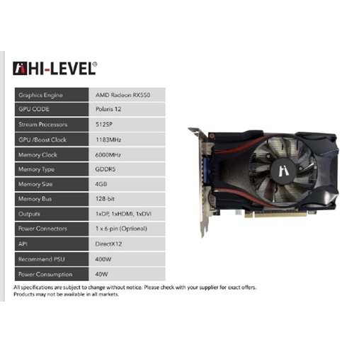 HI-LEVEL HLV550D54R128S RX550 4GB AMD RX550 GDDR5 128bit HDMI DVI/DP 16x Ekran Kartı