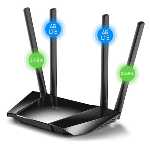 CUDY LT400_EU 4 Port 10/100Mbps 300mbps 4 Anten Masaüstü 4G RouterN300 WiFi 4G LTE Cat.4 Router, 300Mbps Wi-Fi, Chipset MediaTek, 802.11b/g/n, 4 Fixed antennas, 4 10/100M RJ45 Ports, Nano SIM Slot, PPTP/L2TP/OpenVPN/WireGuard VPN Client, DNS over Clo