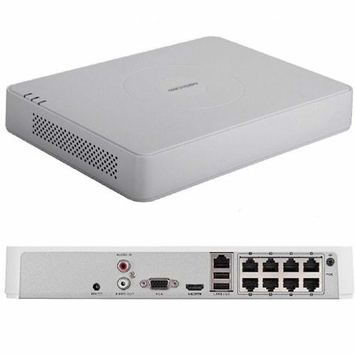 Hikvision DS-7108NI-Q1/8P 8 Kanal PoE' li NVR Kayıt Cihazı 8 Kanal IP kamera Desteği, 8x Dahili PoE Port (75W) 60Mbps bant genişliği, 4MP Çözünürlük Desteği, H.265+ kayıt formatı, HDMI & VGA monitör Çıkışı, 1x 6TB HDD Desteği, 1x RJ-45 10/100Mbps.