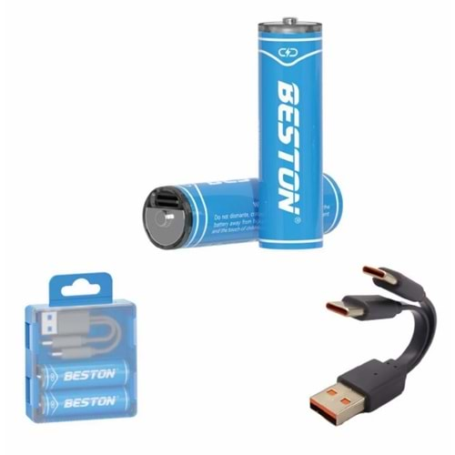 BESTON USB Type-C Kablo ile Şarj Edilebilir Lityum 2'li Kalem Pil 1.5V AA / 2220 mWH – 500mAH