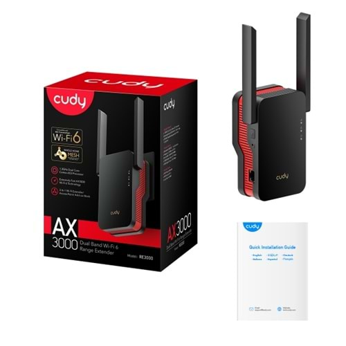 CUDY RE3000 1xGbit port AX3000 2 Anten Wi-Fi Mesh Menzil GenişleticiAX3000 Wi-Fi 6 Mesh Repeater, AP mode, Chipset MediaTek, Cudy Mesh Support, 2402Mbps at 5GHz + 574Mbps at 2.4GHz, 802.11ax/ac/a/b/g/n, 1 Gigabit Ethernet Port, WPS button, Intelligen