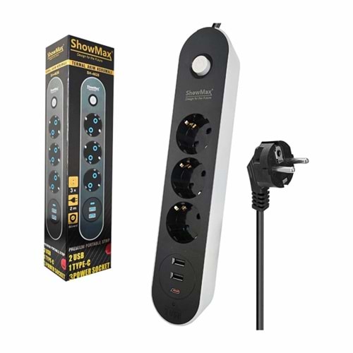 SHOWMAX SH4628 TERMAL AKIM KORUMALI 3*PRİZ + 2*USB + TYPE-C 2M SİYAH