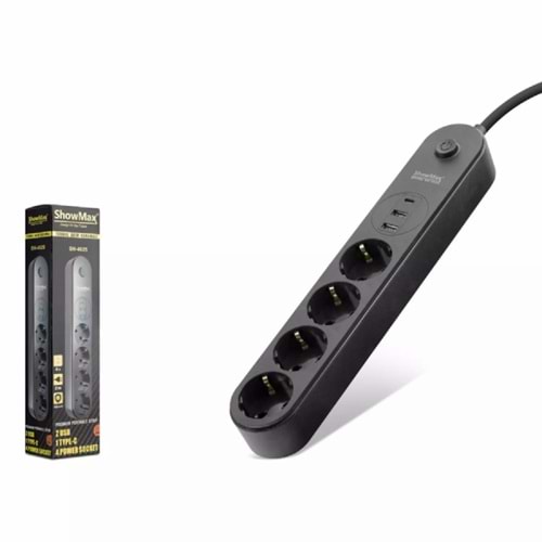 SHOWMAX SH4625 TERMAL AKIM KORUMALI 4*PRİZ + 2*USB + TYPE-C 2M SİYAH