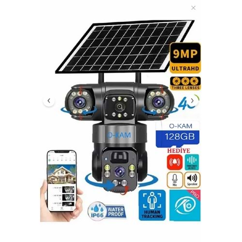O-KAM 6060 9mp (3+ 3+ 3) Üç Kameralı Ultrahd 4G Güneş Enerjili Akıllı Güvenlik Kamerası