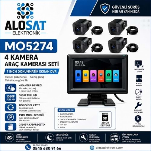 ALOSAT MO5274 4KAMERA DOKUNMATIK 7 INCH EKRAN DVR ARAÇ KAMERASI SETİ 256G DEST.