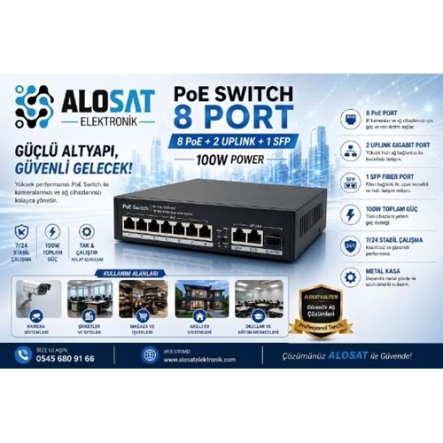 ALOSAT 8PORT 8+2+1 SFP UPLİNK 1000 POE Switch 100W