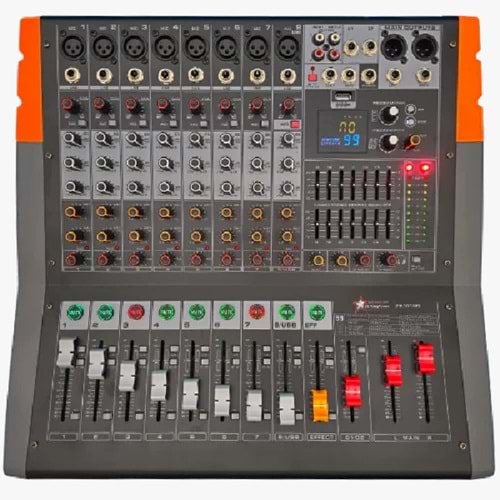 8CH 99DSP 2x600W Power Mixer 8 Kanal 99 DSP efekt 8 Mono + 2 AUX giriş USB ve Bluetooth fonksiyonu 2x7 Band ekolayzer Phantom +48V Her kanalda 3’lü tonlama Her kanalda mute tuşu 2x600 Watt max güç