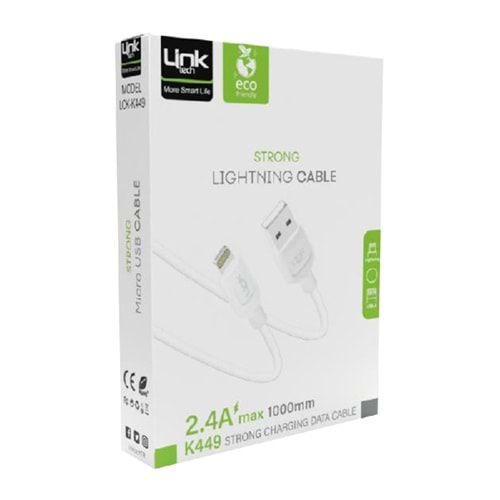 Linktech K449 Strong Lightning - USB Data/Şarj Kablosu 1mt 2.4A Beyaz