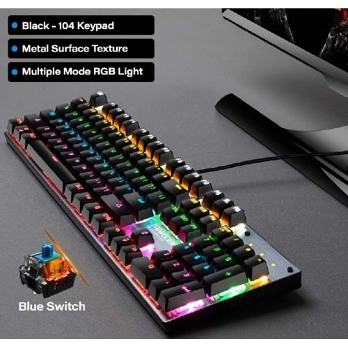 XUNFOX K50 Gaming Mechanical Keyboard USB Luminous Color Wired 104 keys with RGB Light Blue Switch for PC Computer Games