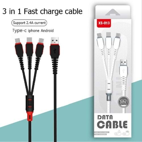 Xs-013 3ın1 Data Şarj Kablosu 2.4AMP SİYAH BEYAZ KABLO