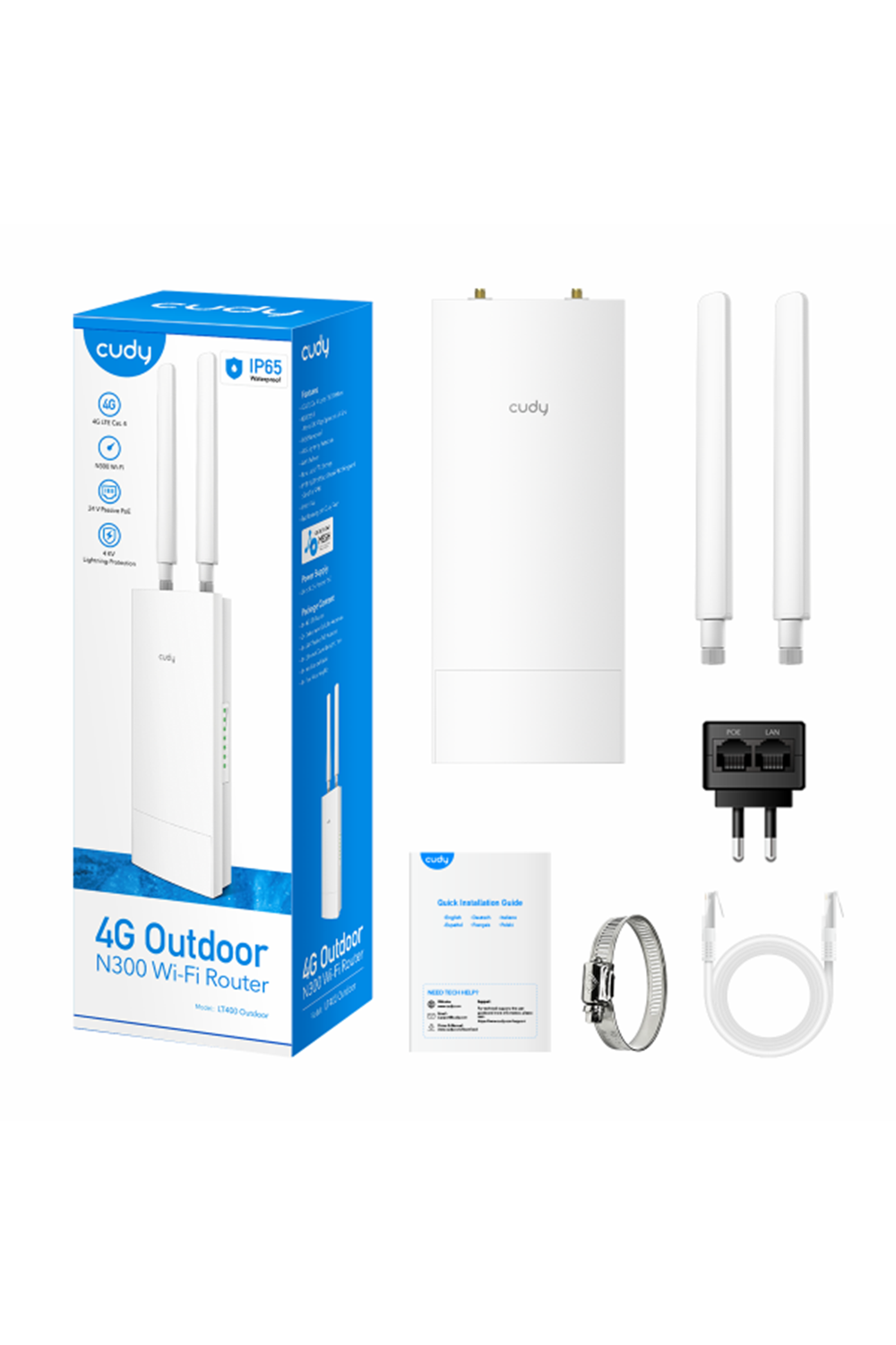 CUDY LT400 Outdoor_EU 1 Port 10/100Mbps 300mbps 4 Anten Outdoor 4G RouterOutdoor 4G LTE N300 WiFi Router, Cat.4, 300Mbps Wi-Fi, build-in 4G LTE modem, lightning protection, IP65 Waterproof, 10/100M RJ45, 2 x Detachable 4G Antennas, 24V passive PoE ad