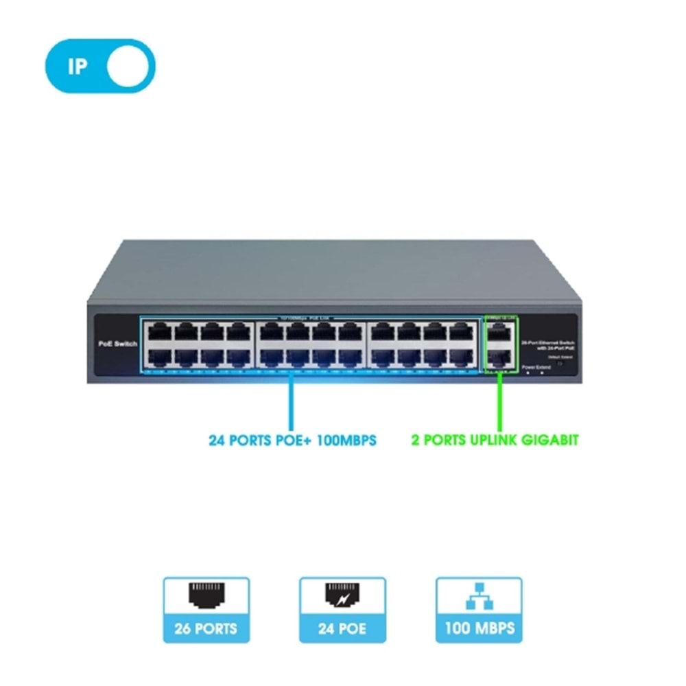 ALOSAT Switch 24PORT POE 100Mbps + 2 PORT Uplink gigabit 1000 Mbps