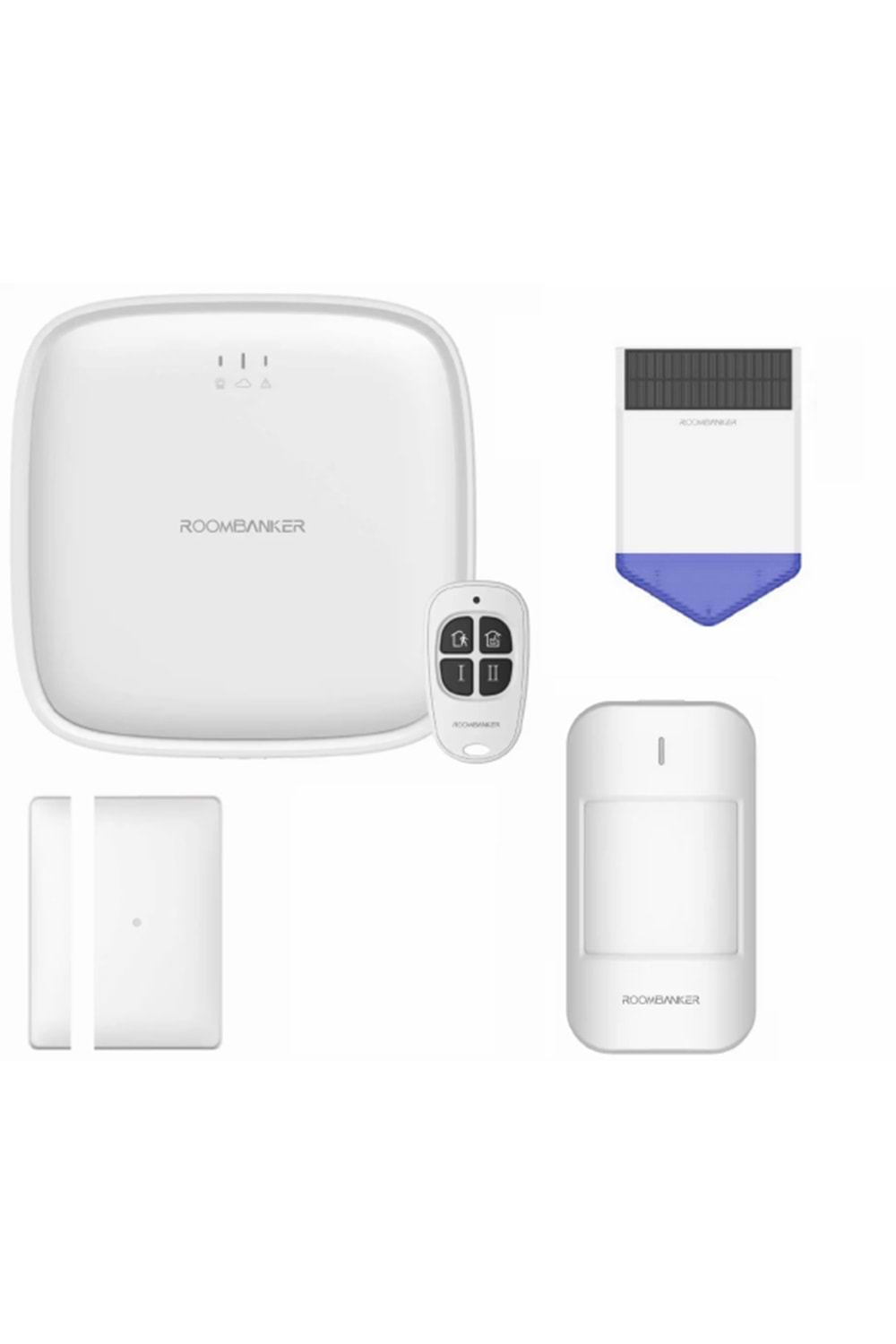 ROOMBANKER WIFI Kablosuz Akıllı Alarm Sistemi Hırsızlığa Karşı Ev Güvenlik Kiti ( 1 adet Kablosuz WIFI ALARM PANELİ + 1 adet Kablosuz HARİCİ SİREN1 Sularlı + adet Kablosuz MANYETİK KONTA + 1 adet Kablosuz HAREKET DEDEKTÖRÜ + 1 adet Kumanda )