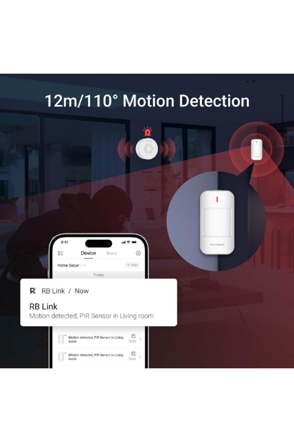 ROOMBANKER PIR Hareket Sensörü PS1-Geniş Algılama Aralığı: 12m ( aralık) / 110° (yatay) - 10 kg'a kadar Evcil Hayvan Bağışıklığı-En Son Algılama Teknolojileri-Uzaktan İletişim