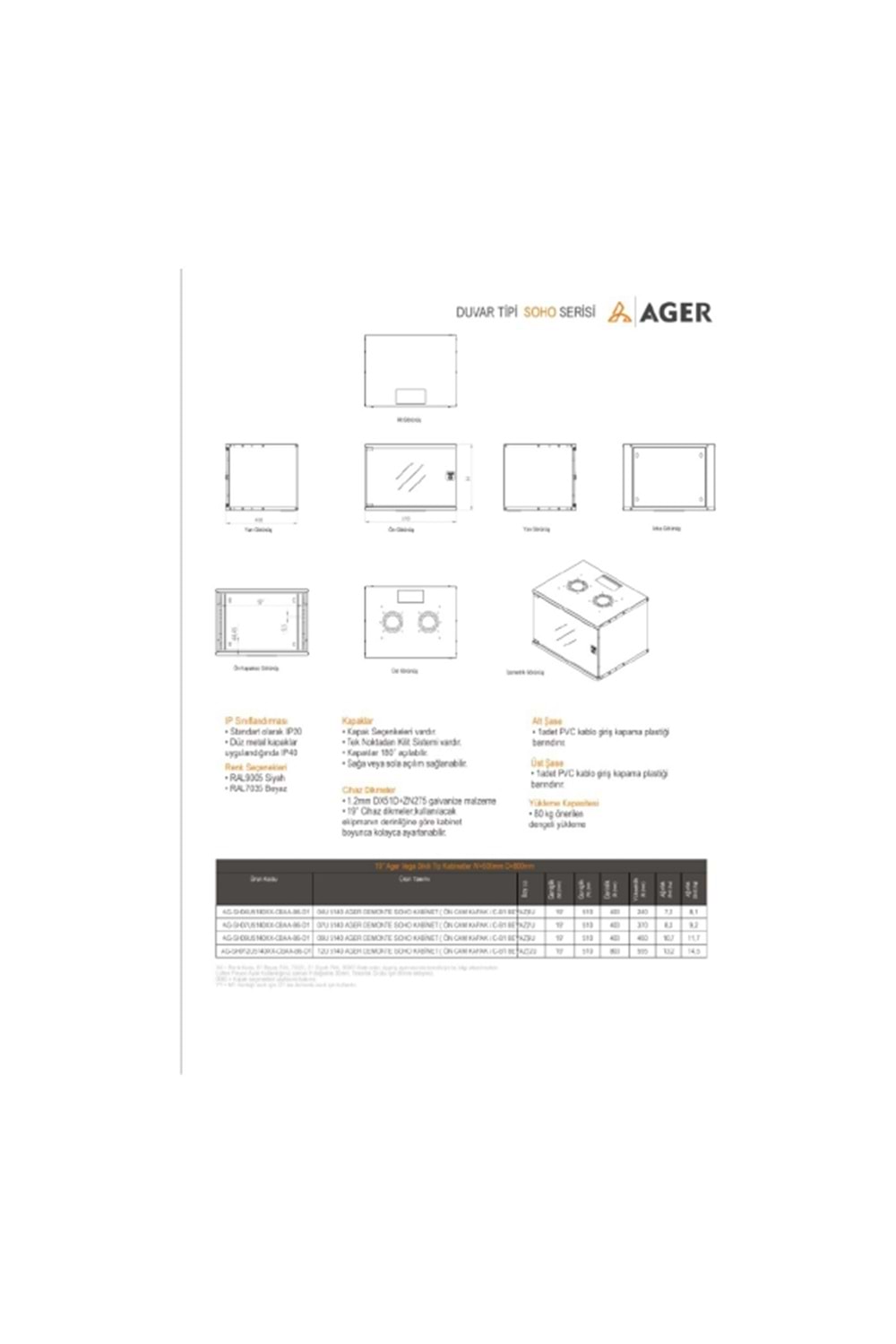 AGER 7U W=510mm D=400mm 19'' Demonte Soho Duvar Tipi Kabinet