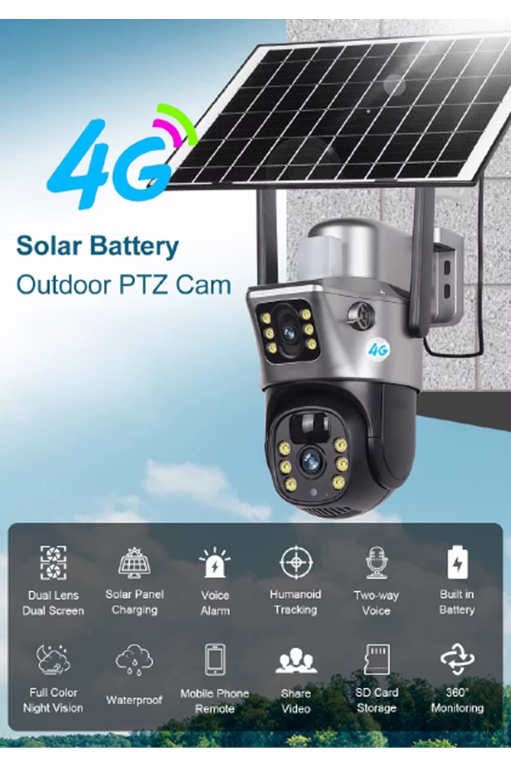 ALOSAT 4G-990 4G Sim Kart Güneş Kamerası Çift Lens Dış Mekan 6MP 4K Pil IP Kamera PIR Gece Görüş V380 Pro CCTV Güvenlik True Colour View Dual Lens Camera