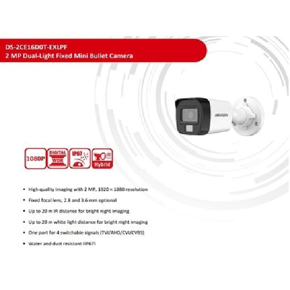 HIKVISION DS-2CE16D0T-EXLPF 2MP Smart Hybrid Light Fixed Mini Bullet Camera