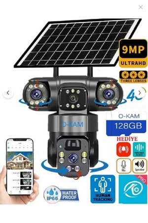 O-KAM 6060 9mp (3+ 3+ 3) Üç Kameralı Ultrahd 4G Güneş Enerjili Akıllı Güvenlik Kamerası