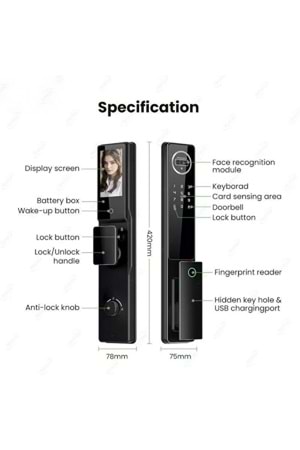 ALOSAT KL6085 MOTORLU KİLİT YÜZ TANIMA , PARMAK İZİ, KART, TUYA SMART LİFE AKILLI KAPI KİLİT SETİ