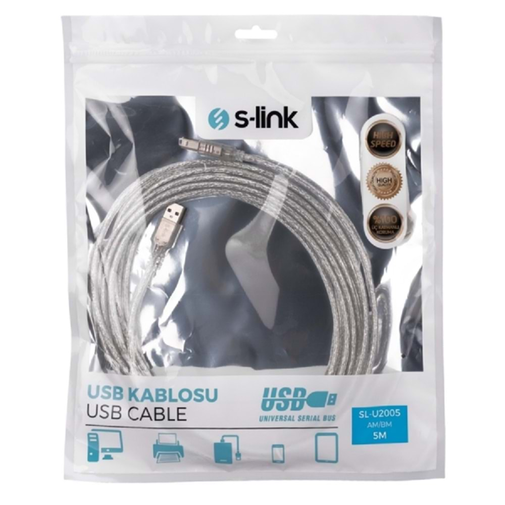 S-Link SL-U2005 S-Lınk 5 Metre USB 2.0 Şeffaf Yazıcı Kablosu