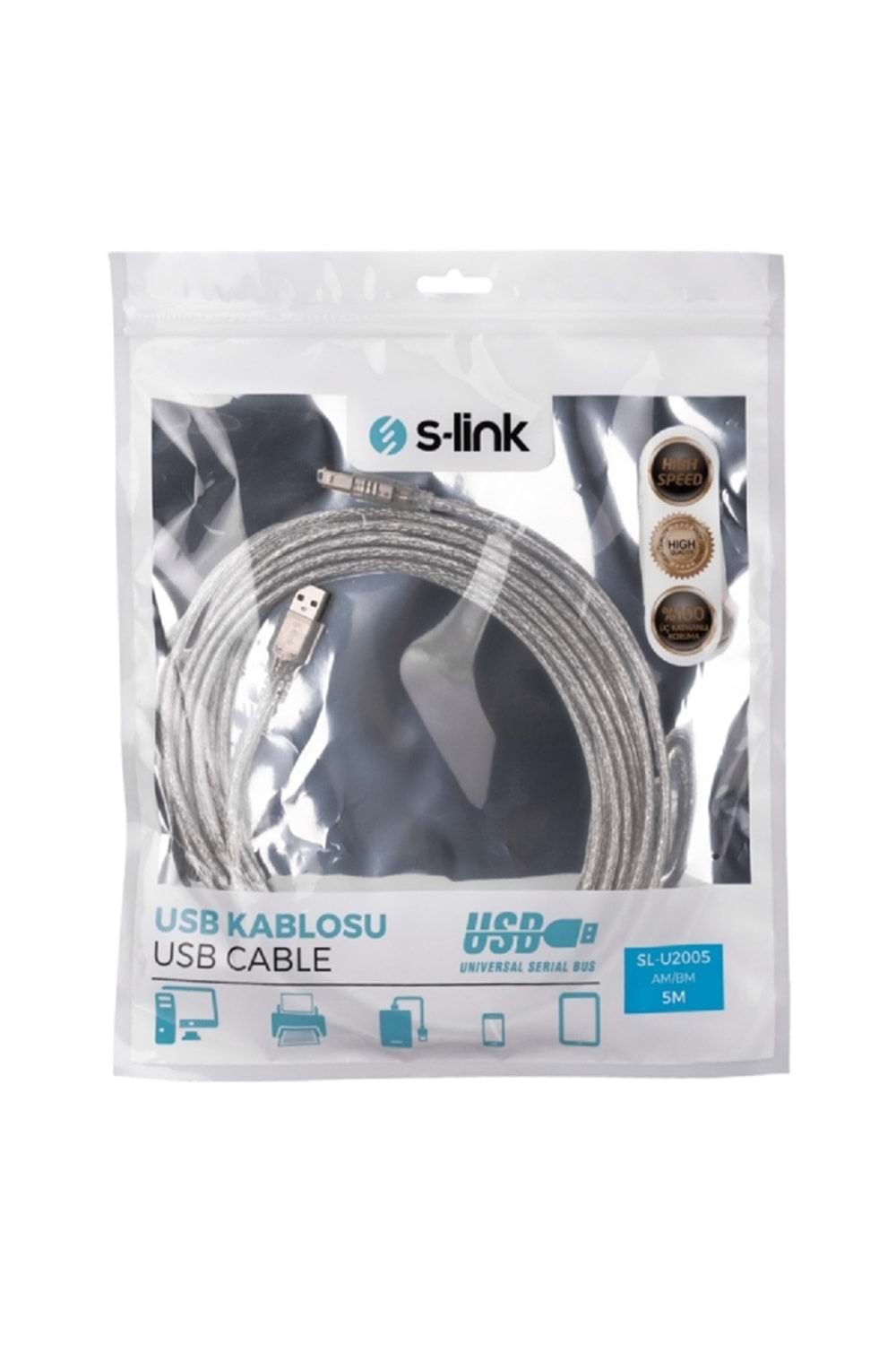 S-Link SL-U2005 S-Lınk 5 Metre USB 2.0 Şeffaf Yazıcı Kablosu